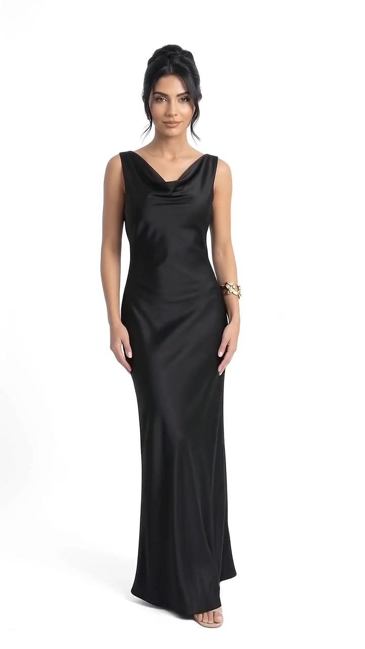 Backless Cowl-Drape Silk Maxi Dress - Midnight Black