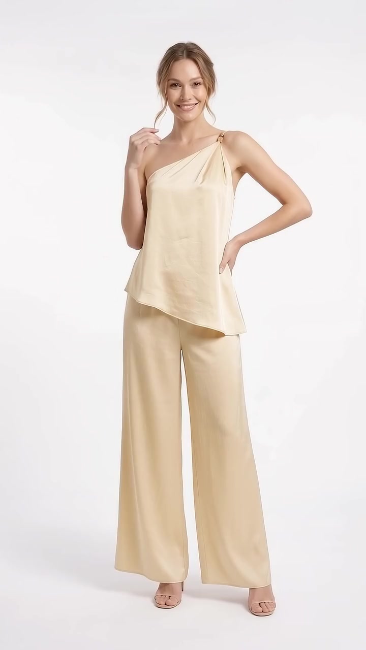 Beaded Satin Halter Top and Pants Set - Creamy White