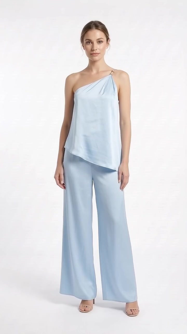 Beaded Satin Halter Top and Pants Set - Icy Blue