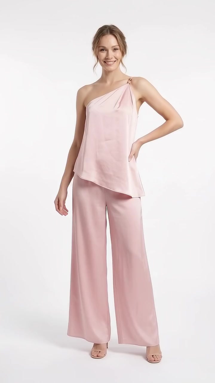 Beaded Satin Halter Top and Pants Set - Petal Pink