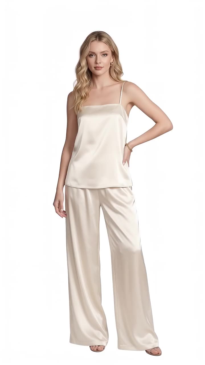 Bow-Back Satin Camisole & Pant Set - Creamy White