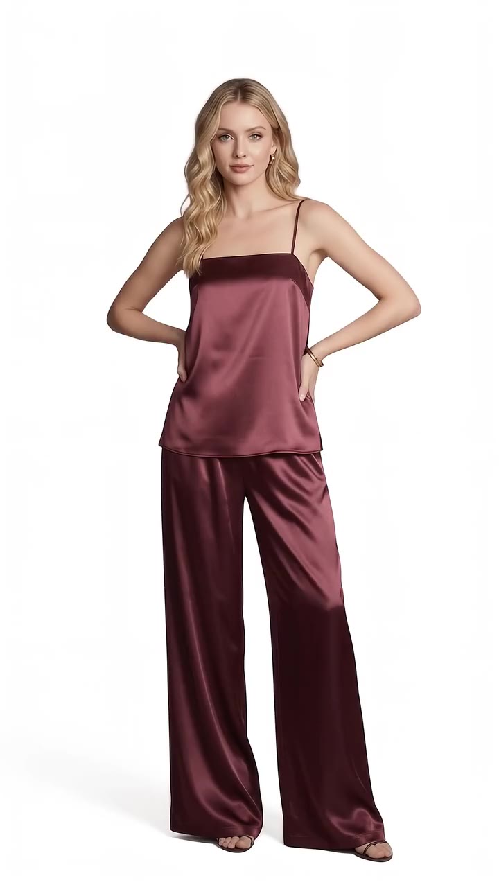 Bow-Back Satin Camisole & Pant Set - Deep Crimson Red