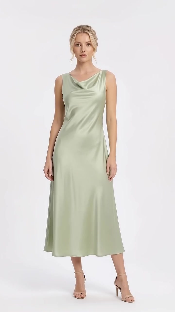 Cowl Neck Satin Midi Dress - Pistachio Green