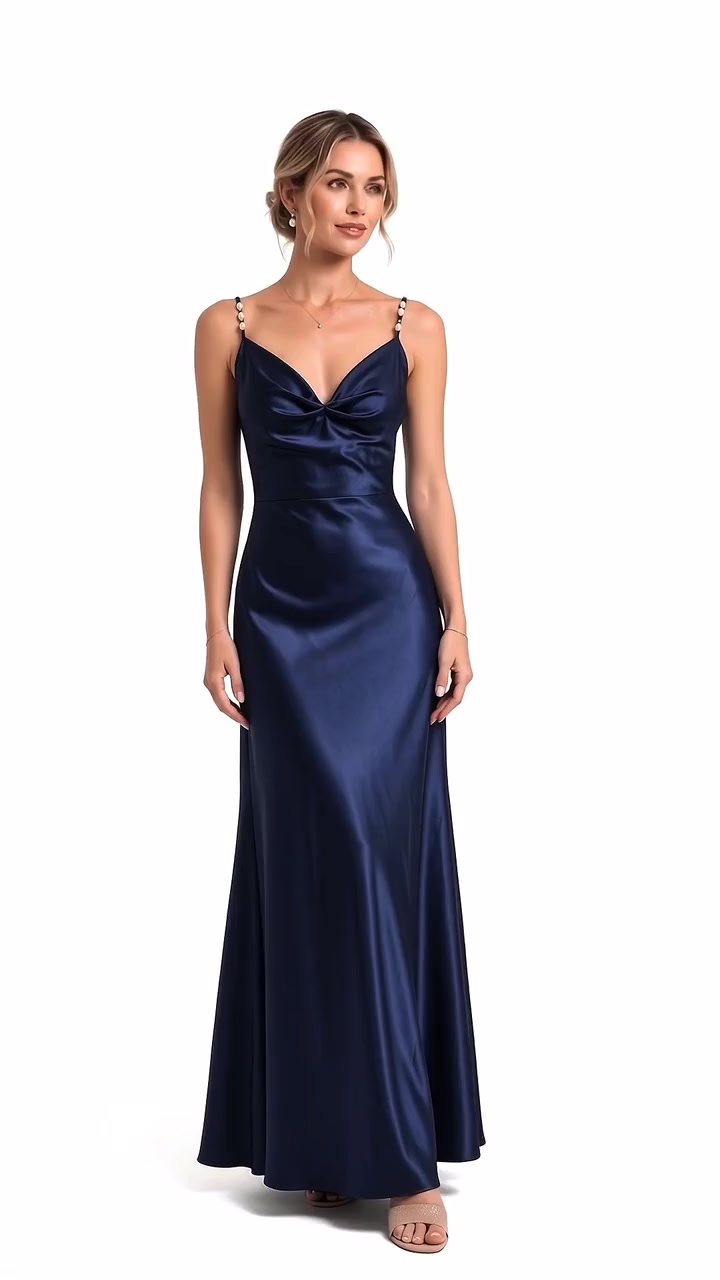 Luna Pearl – Navy · Pearl-Strap Satin Slip Dress