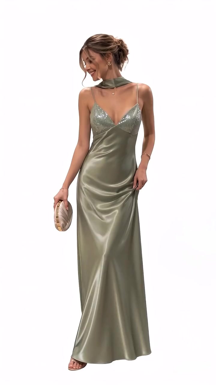Mint Éclat – Sage · Sequin-Bust Satin Slip with Neck Scarf