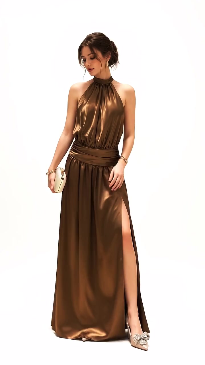 Mocha Enigma – Bronze · Halter Satin Gown with Thigh Slit