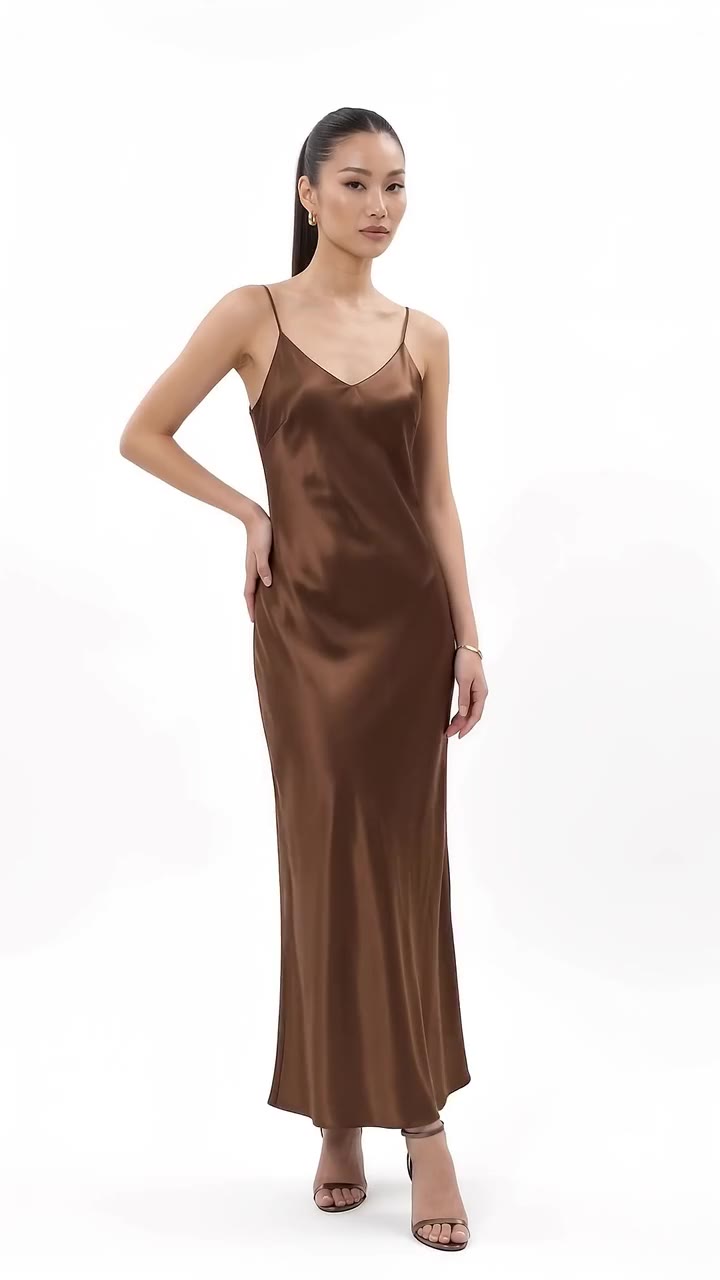 Open-Back V-Neck Satin Maxi Dress - Espresso Brown