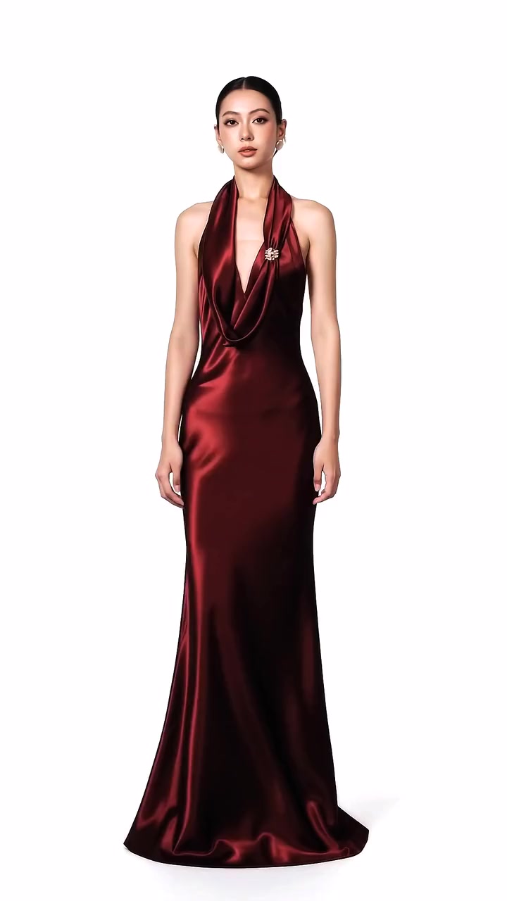 Ruby Enchantress – Burgundy · Halter Cowl-Back Silk-Blend Gown