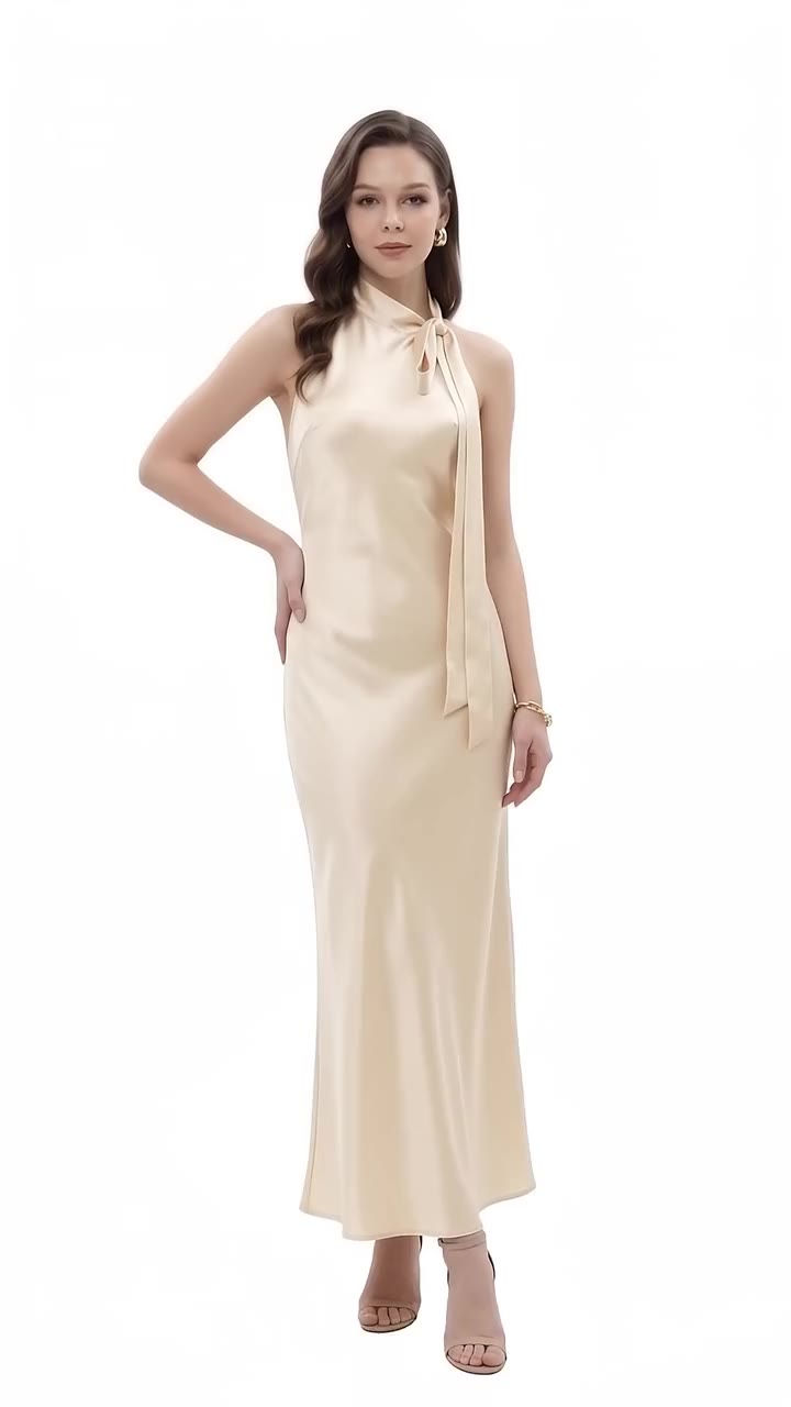 Tie-Neck Halter Satin Maxi Dress - Creamy White