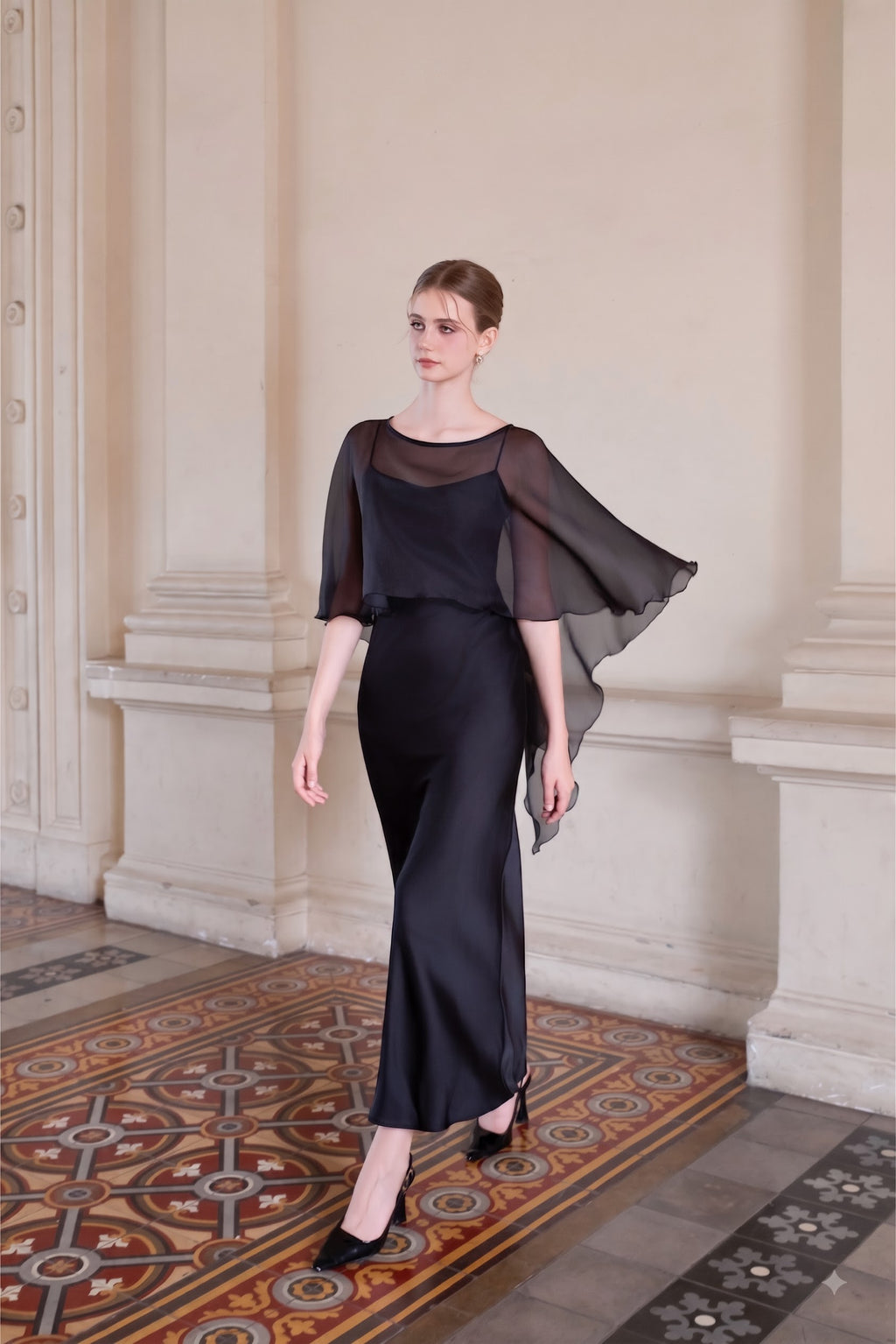 Silk Chiffon Capelet Overlay - Midnight Black