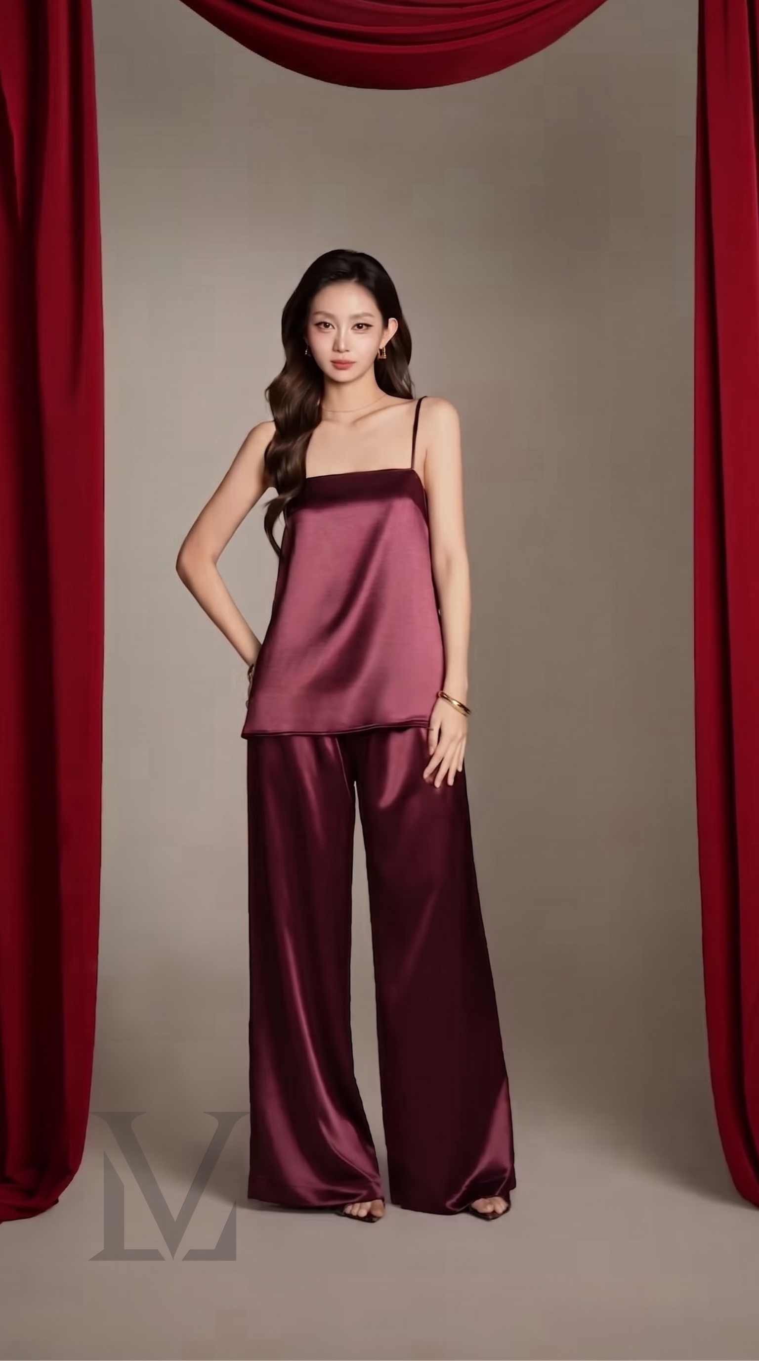 Bow-Back Silk Camisole & Pant Set - Deep Crimson Red