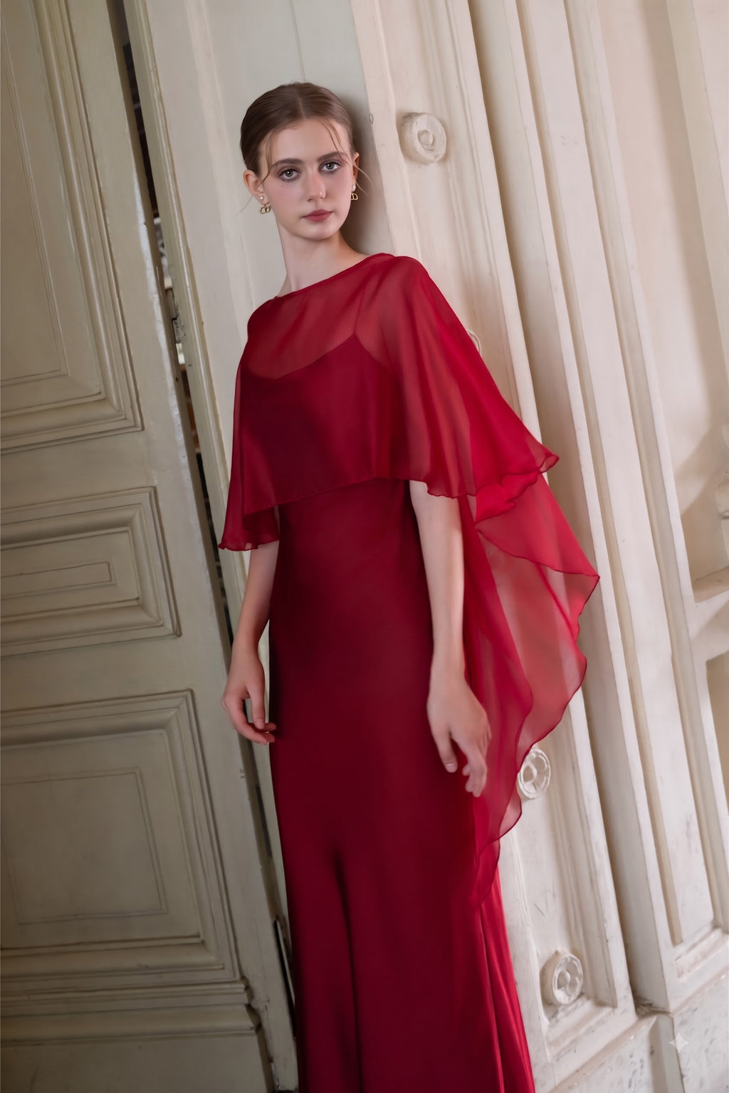 Silk Chiffon Capelet Overlay - Crimson Red