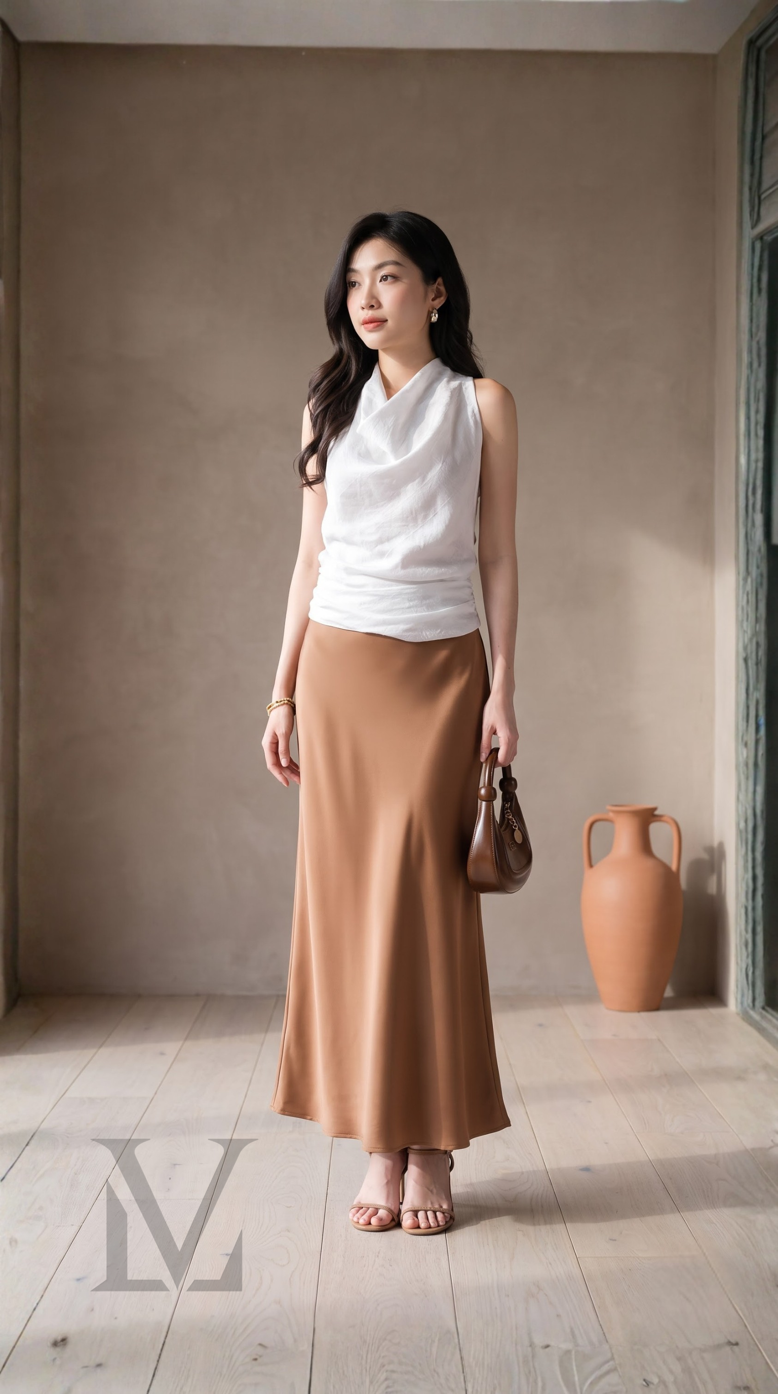 Bias-Cut Silk Maxi Skirt - Woodgrain Camel