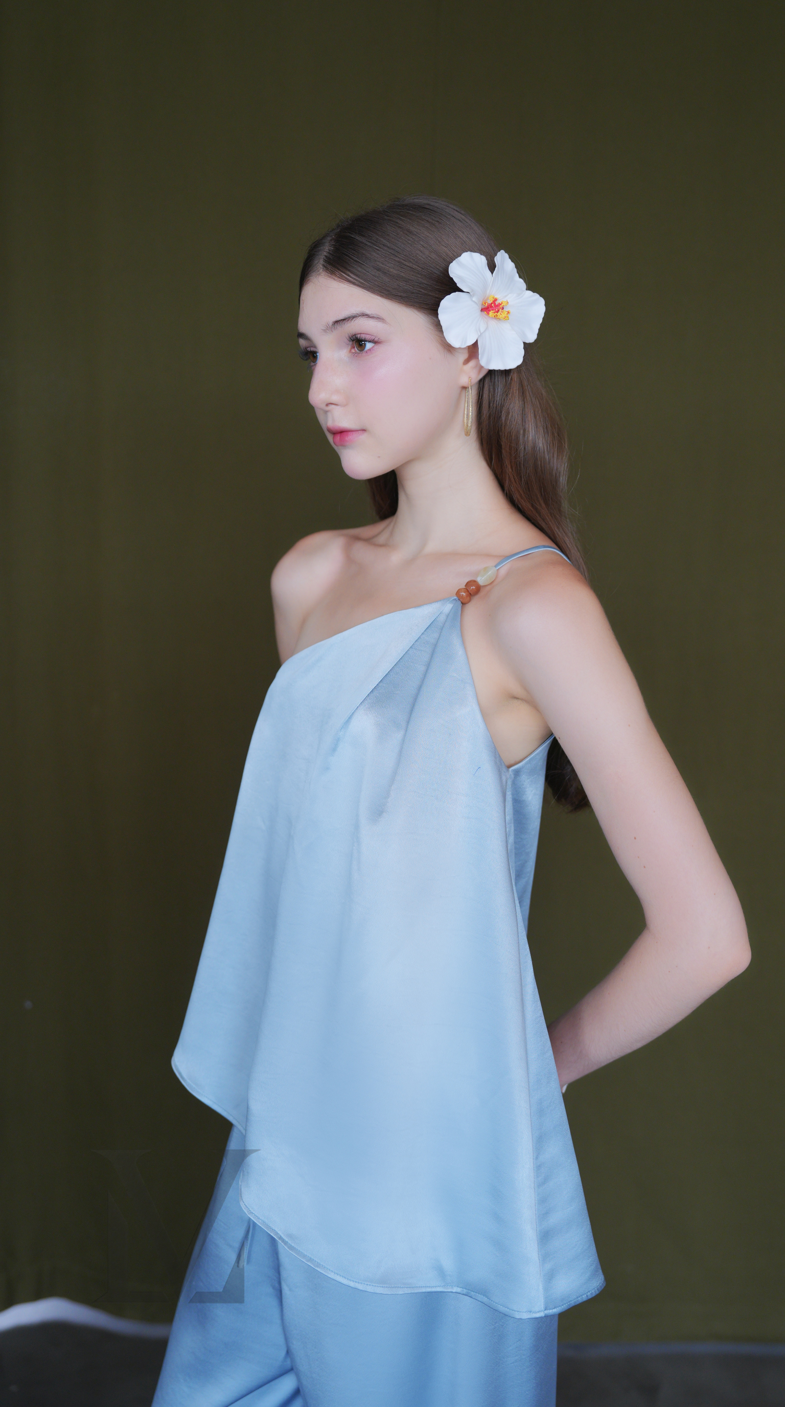 Beaded Silk Halter Top - Icy Blue