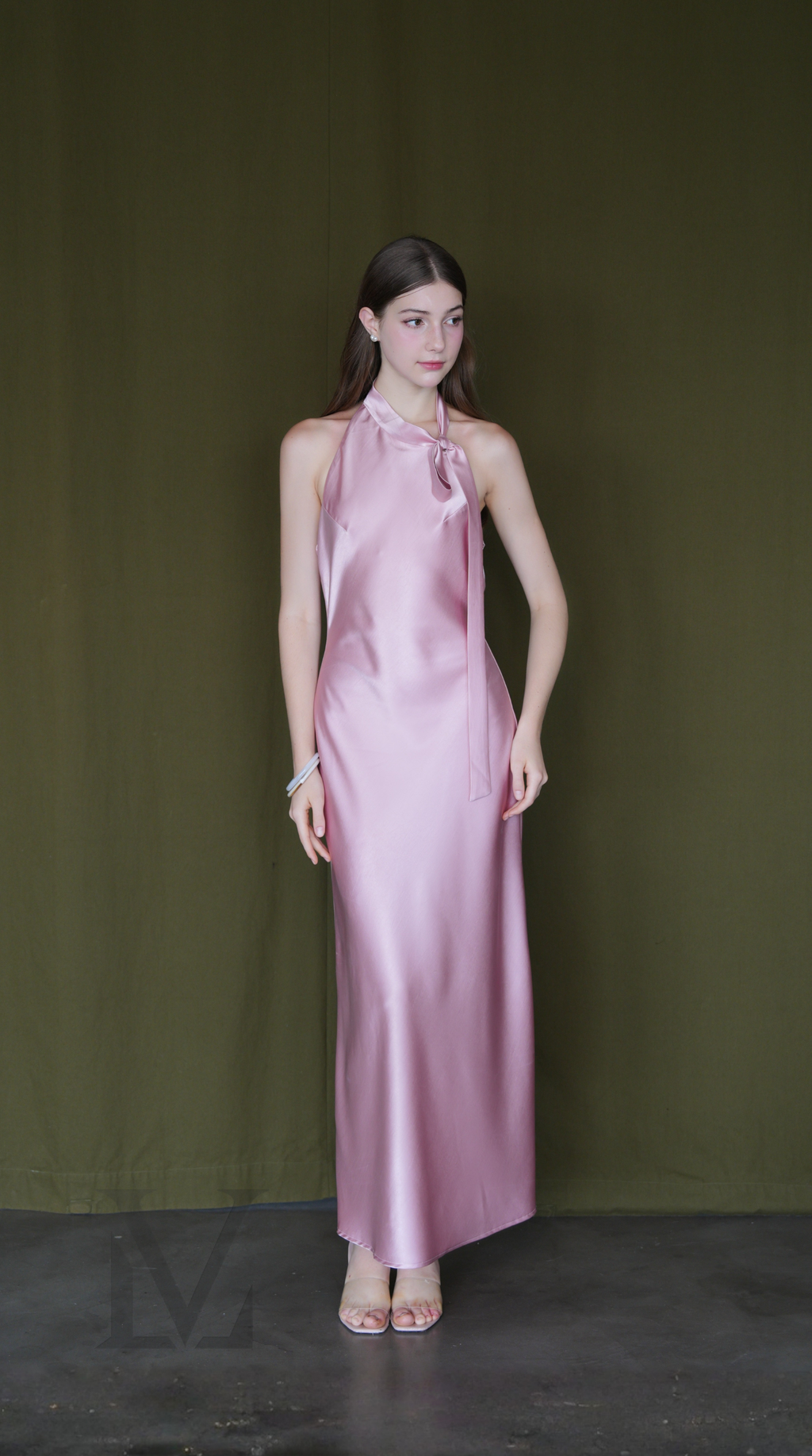 Tie-Neck Halter Silk Maxi Dress - Rosewood Pink