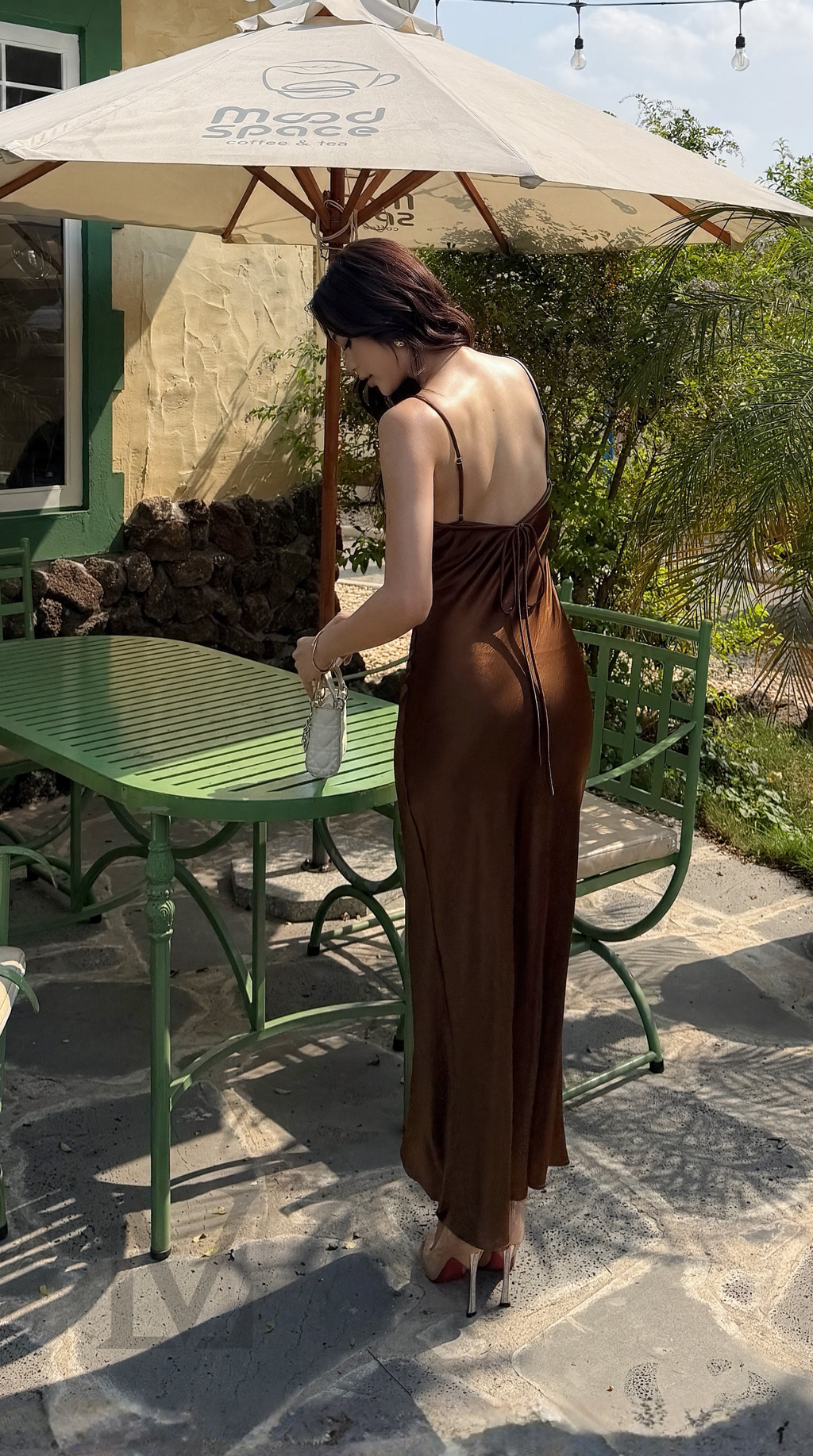 Open-Back V-Neck Silk Maxi Dress - Espresso Brown