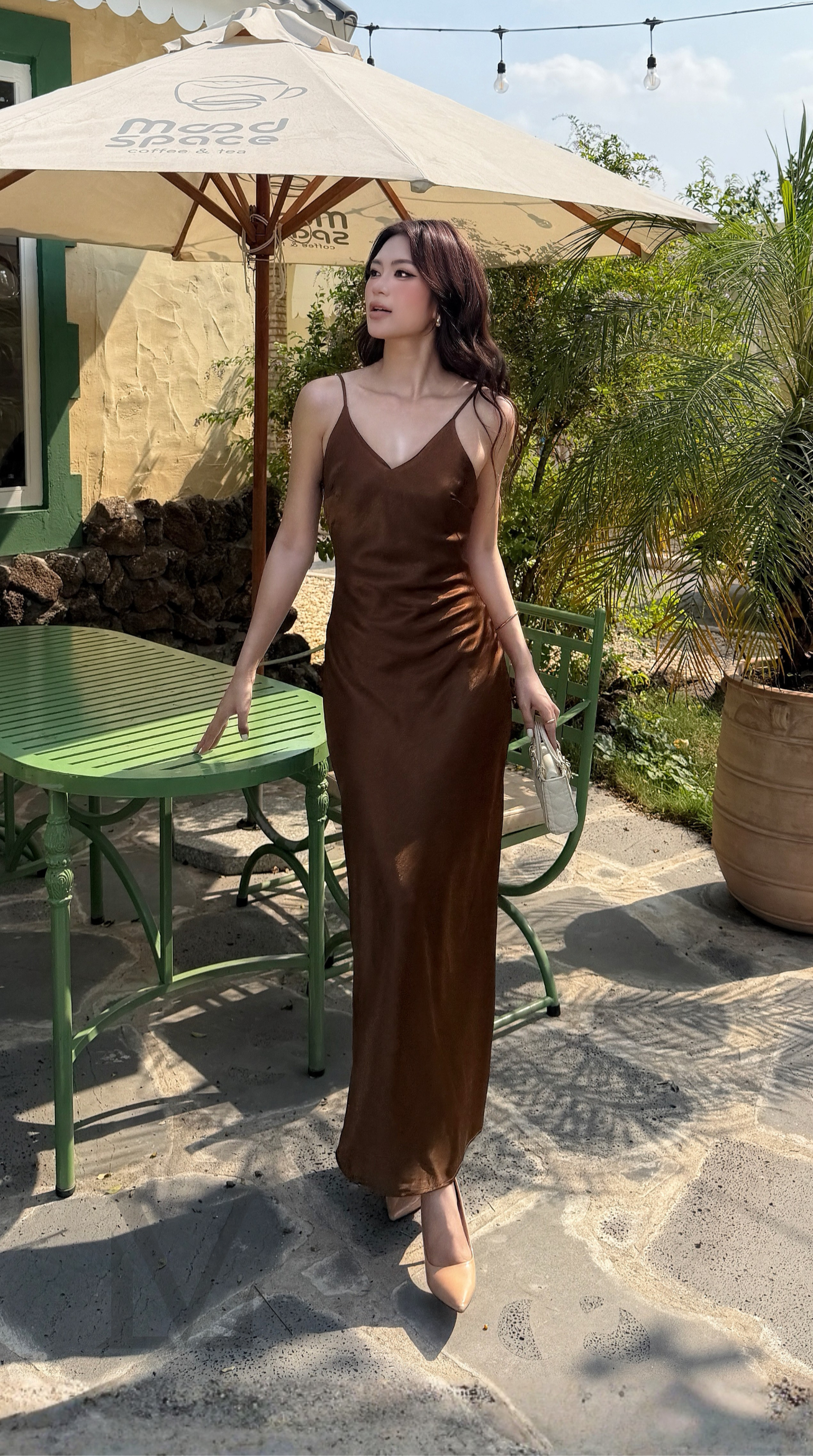 Open-Back V-Neck Silk Maxi Dress - Espresso Brown