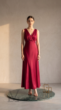 Ruched V-Neck Silk Maxi Dress - Ruby Red
