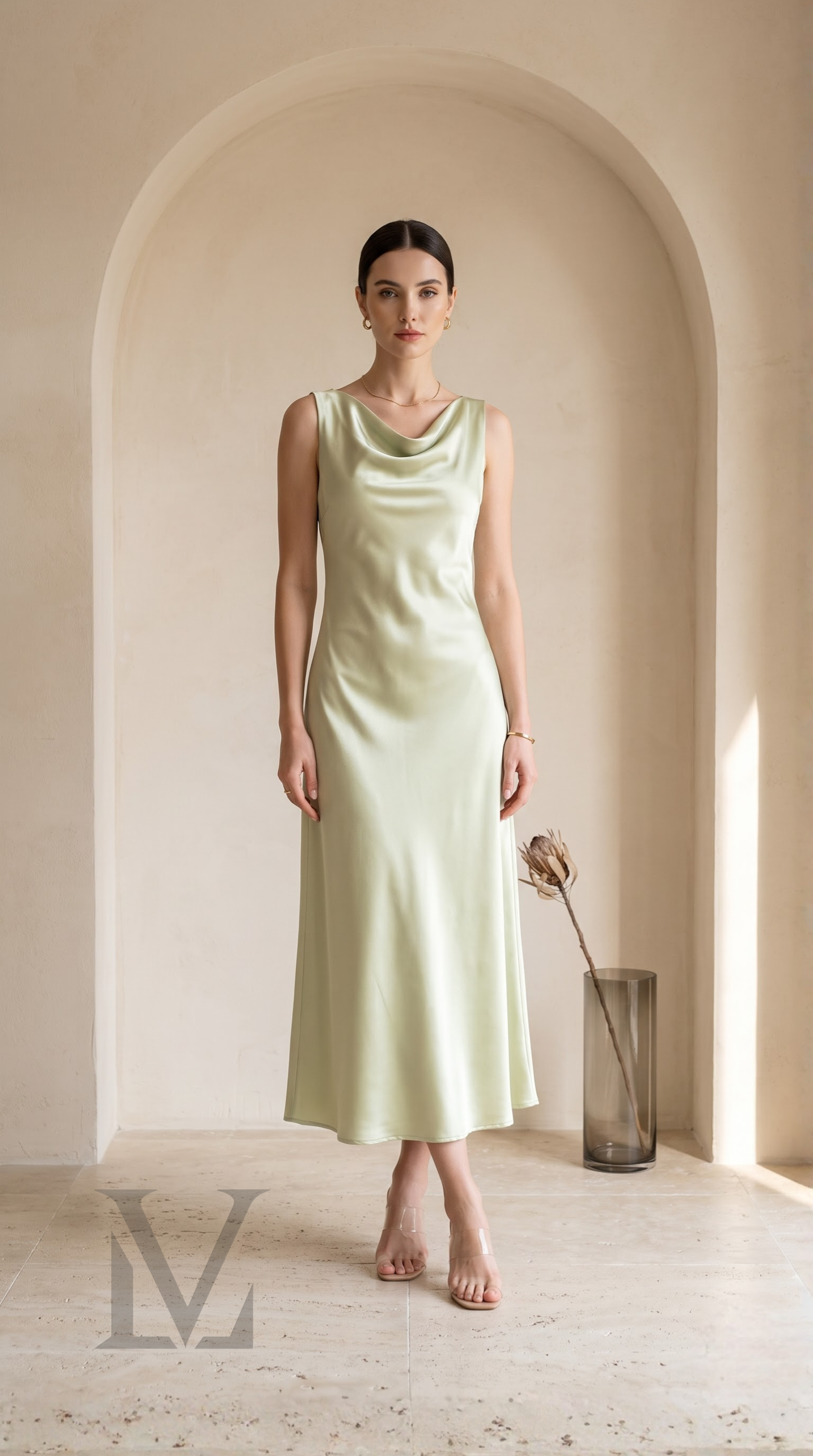 Cowl Neck Silk Midi Dress - Pistachio Green