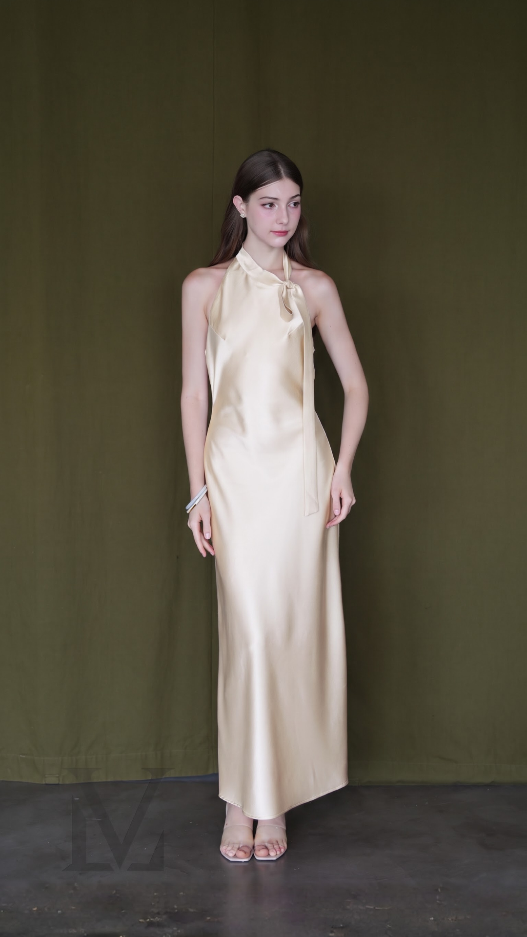 Tie-Neck Halter Satin Maxi Dress - Creamy White