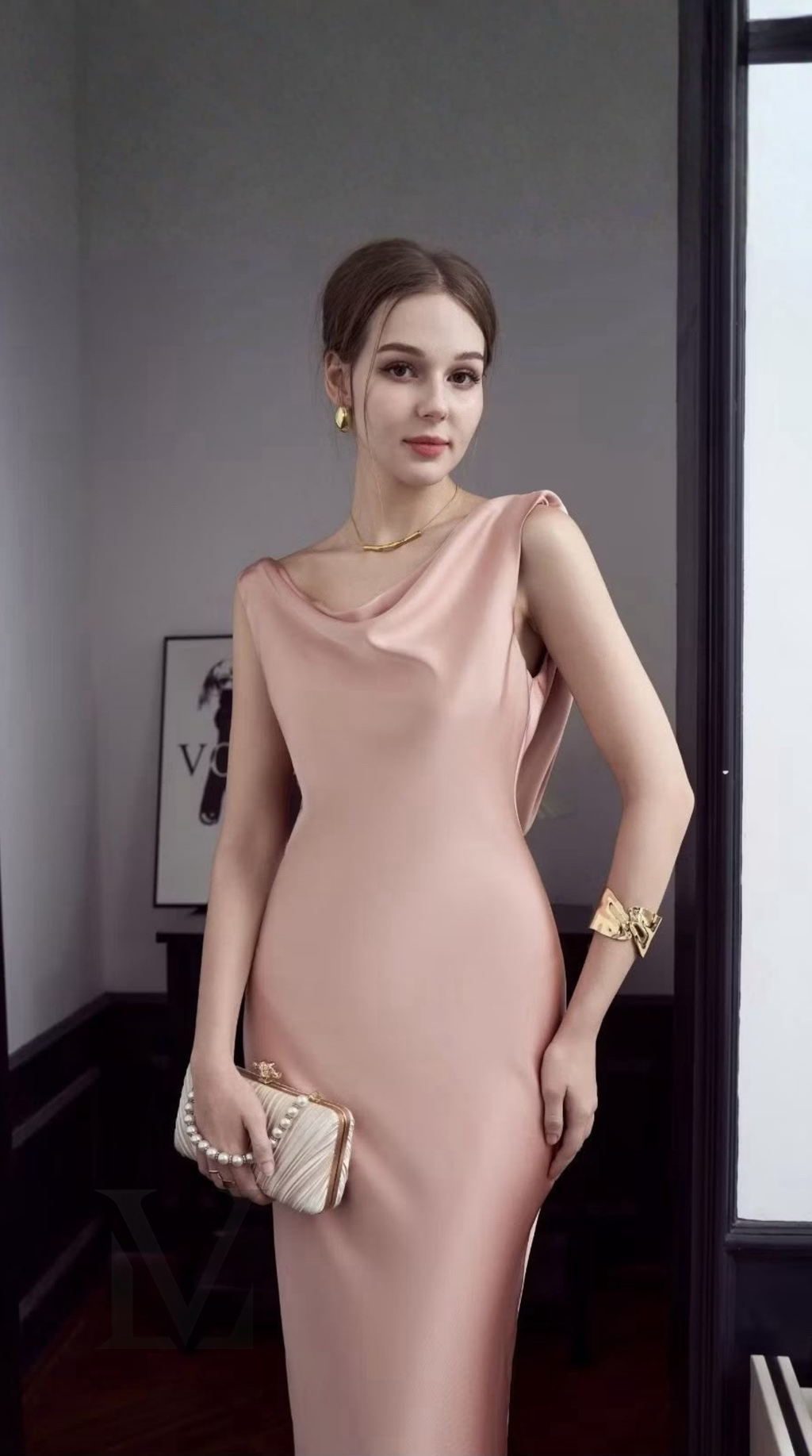 Backless Cowl-Drape Silk Maxi Dress - Blush Pink