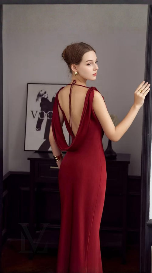 Backless Cowl-Drape Silk Maxi Dress - Crimson Red