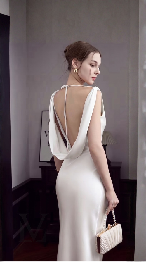 Backless Cowl-Drape Silk Maxi Dress- Creamy White
