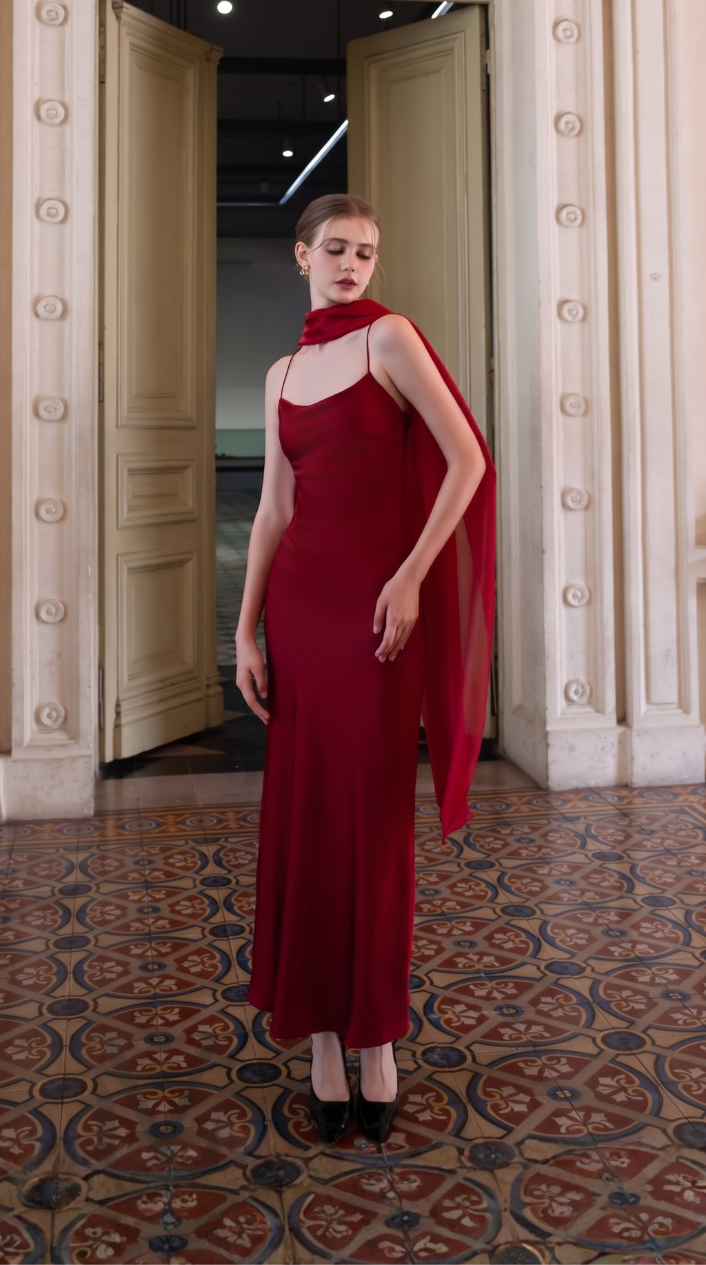 Silk Chiffon Sweeping Scarf - Crimson Red